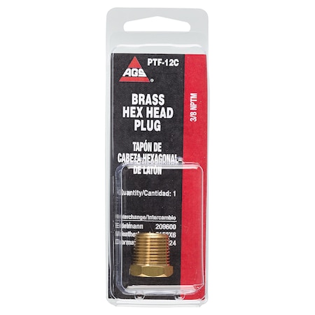 Ags Brass Hex Plug, Male (3/8-18 NPT), 1/card PTF-12C
